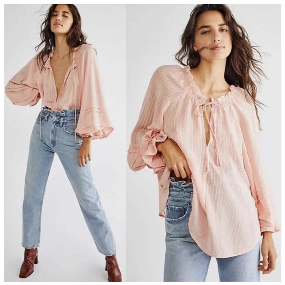 Free People Pink Solid Long Sleeve Tie Neck Ruffle Blouse Top Women Regular